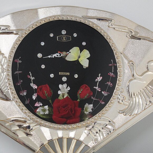 Vintage Gold Fan Wall Clock – Japanese Art Deco – Civic Quartz – Floral Face – 2 - Picture 7 of 7